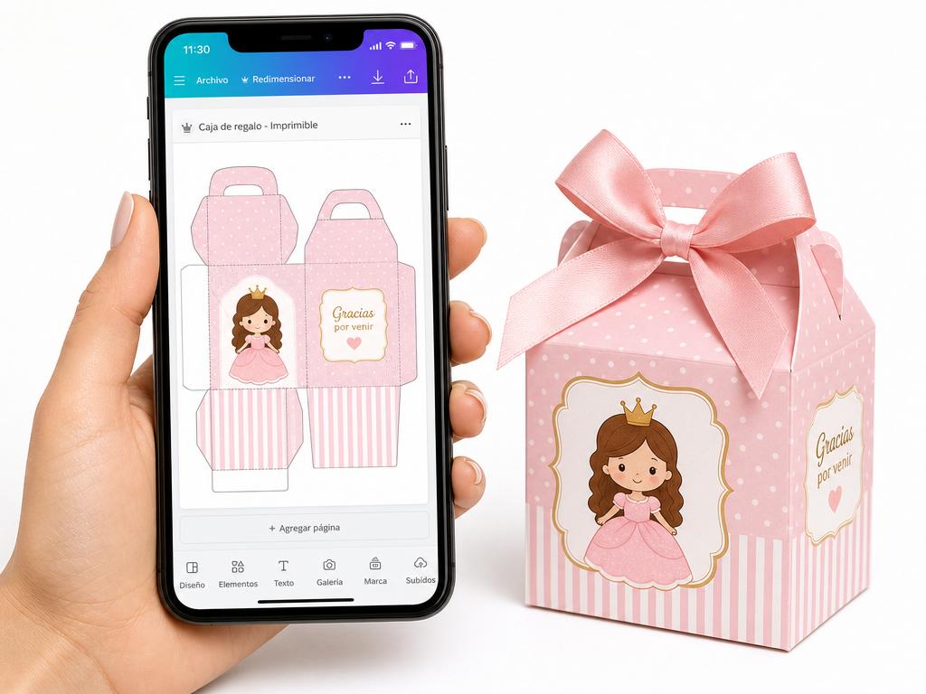 Celular mostrando un molde en Canva al lado de una caja decorada